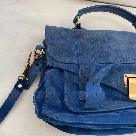 Proenza Schouler PS1 Blue Suede Satchel Bag Envelope Flap With Buckle - Picture 5 of 16